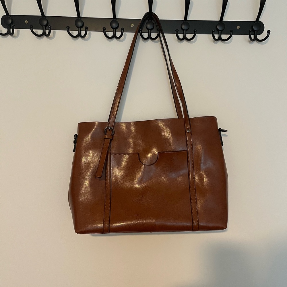S Zone Brown Leather Tote Bag